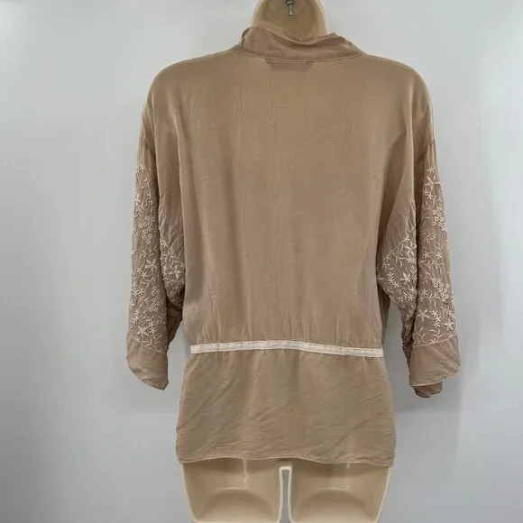 Johnny Was Women's Brown Lace 3/4 Sleeve V-Neck Belted Top Blouse Size XS - Picture 7 of 12